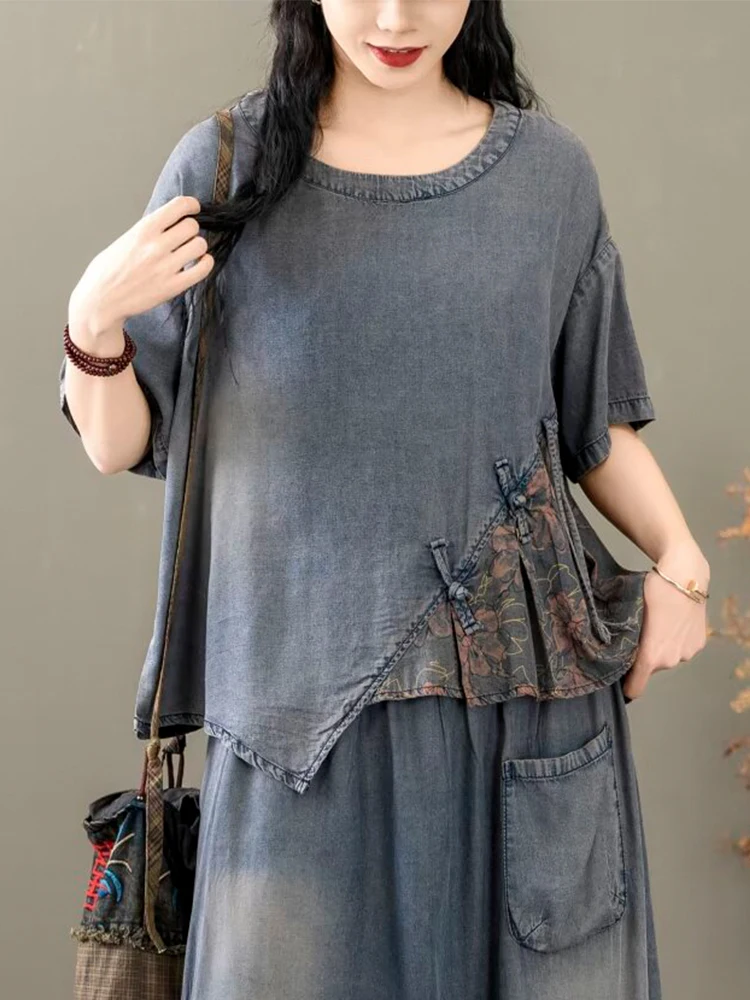 Casual Loose Printed Denim Outfits Vintage Tops Big Size Floral Skirt 2 Pieces Sets - Image 5