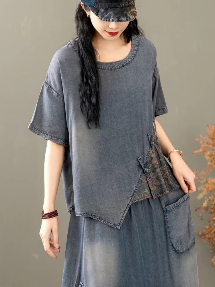 Casual Loose Printed Denim Outfits Vintage Tops Big Size Floral Skirt 2 Pieces Sets - Image 6