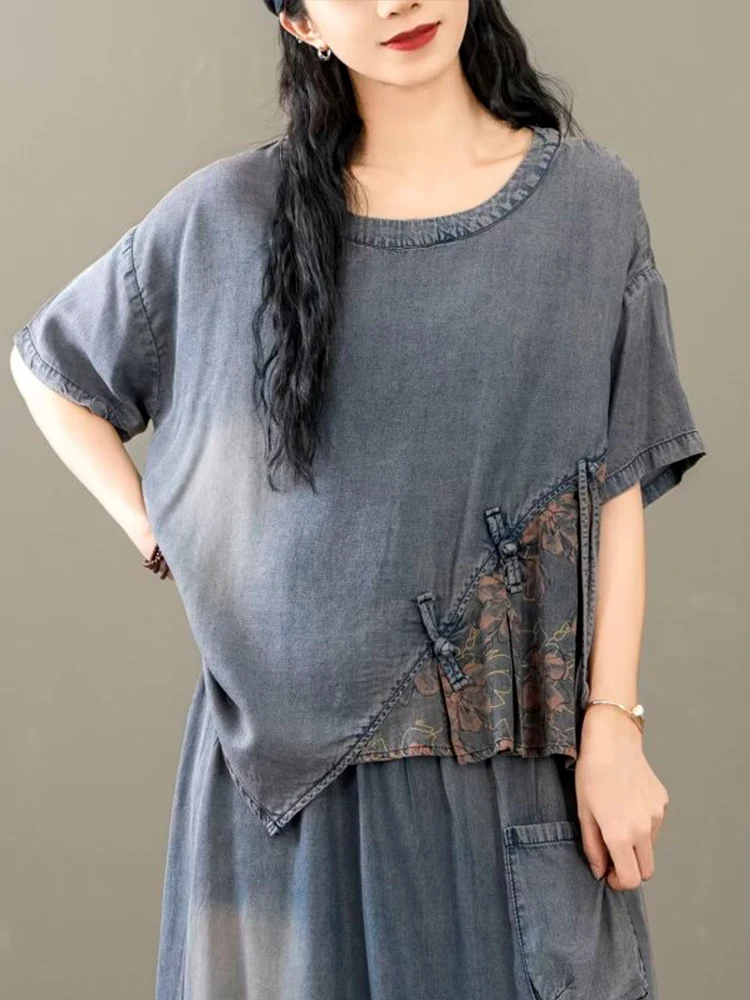 Casual Loose Printed Denim Outfits Vintage Tops Big Size Floral Skirt 2 Pieces Sets - Image 7