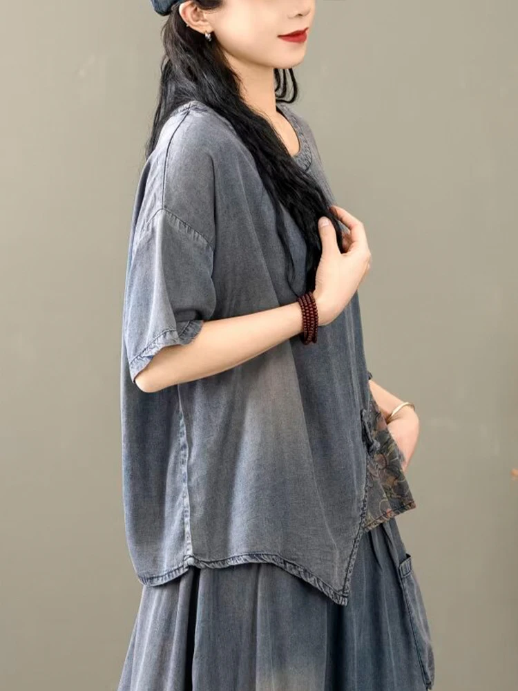 Casual Loose Printed Denim Outfits Vintage Tops Big Size Floral Skirt 2 Pieces Sets - Image 8