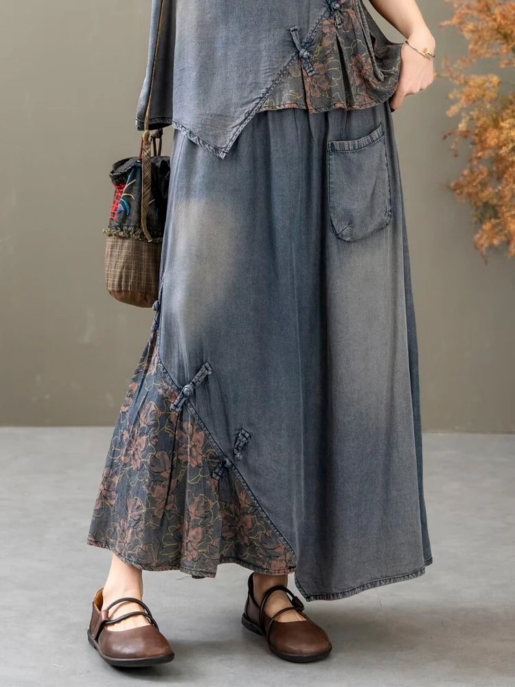 Casual Loose Printed Denim Outfits Vintage Tops Big Size Floral Skirt 2 Pieces Sets - Image 9