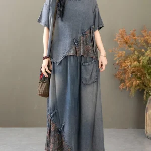 Casual Loose Printed Denim Vintage Tops Big Size Floral Skirt 2 Pieces Sets