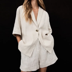 Casual Loose Solid V-neck Buttons Blouse Pockets Short Pants Set