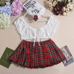 Casual Mesh See-through Lace Up Top Plaid Pleated Skirt Halter Lingerie Suit