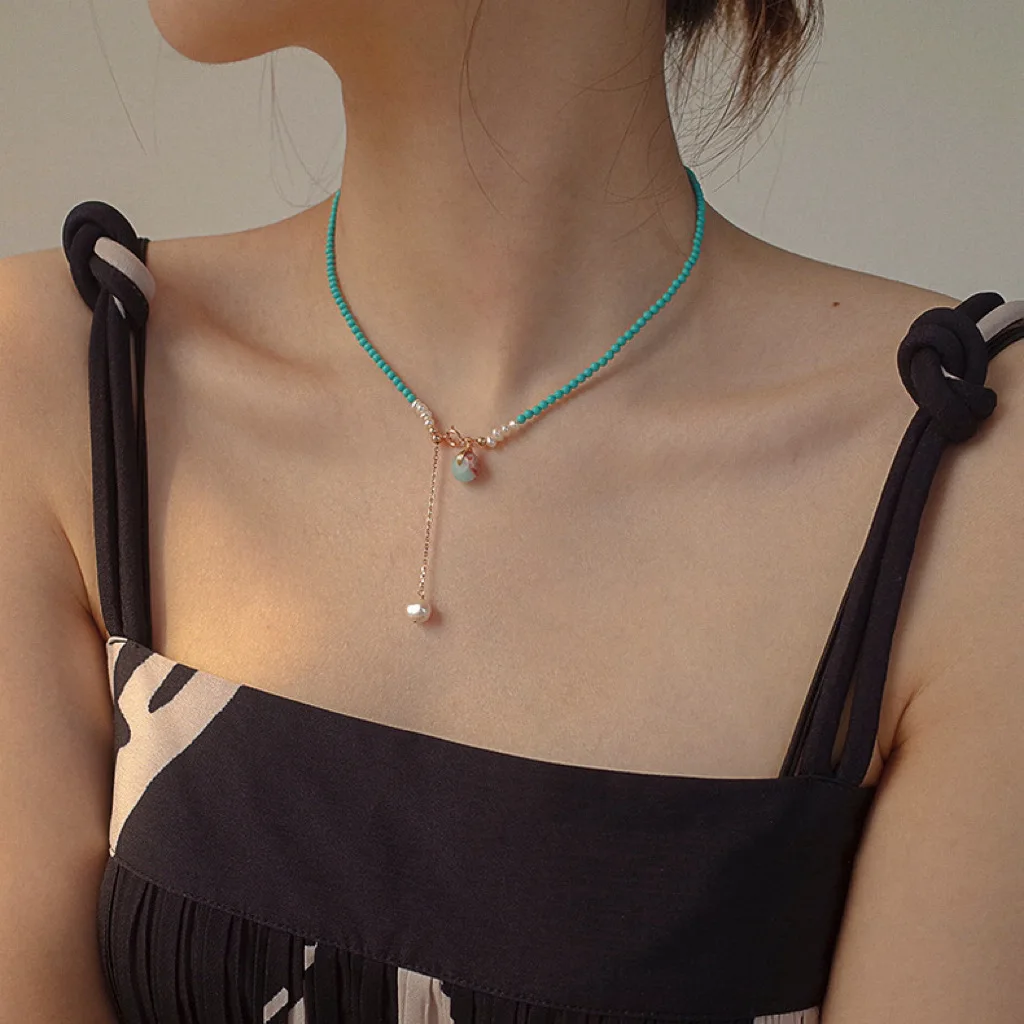 Casual Natural Freshwater Pearl & Turquoise Stone 14K Gold Filled Ladies Chain Necklace - Image 2