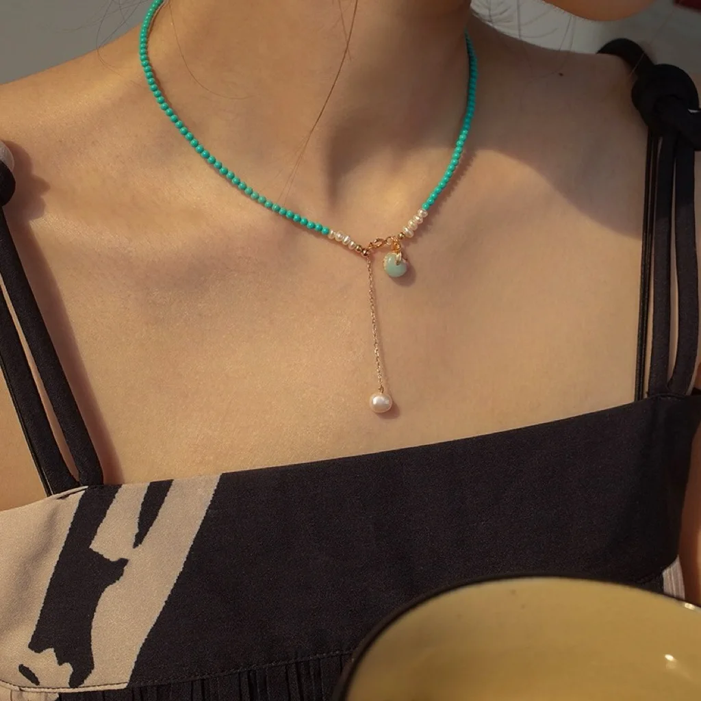 Casual Natural Freshwater Pearl & Turquoise Stone 14K Gold Filled Ladies Chain Necklace - Image 3