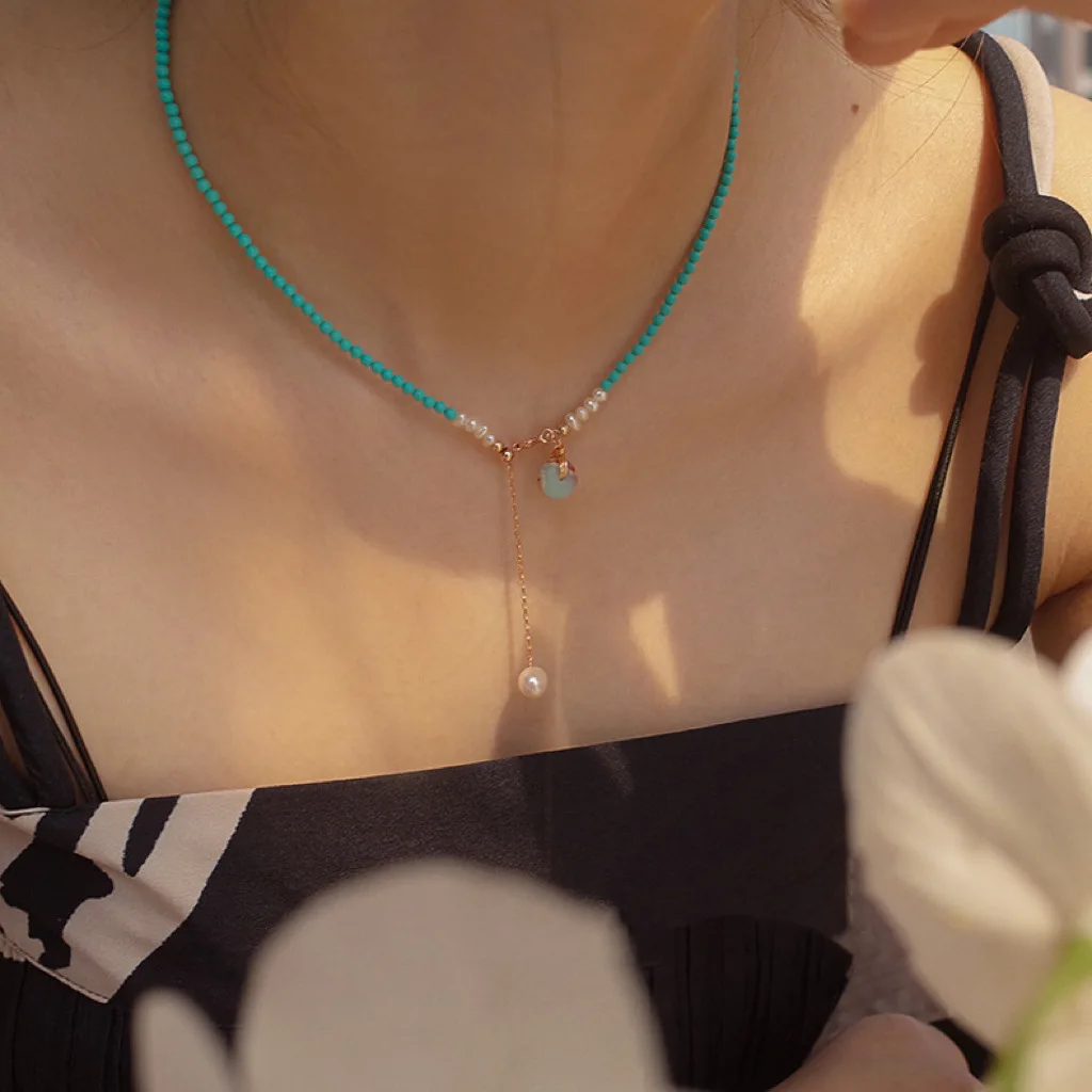 Casual Natural Freshwater Pearl & Turquoise Stone 14K Gold Filled Ladies Chain Necklace