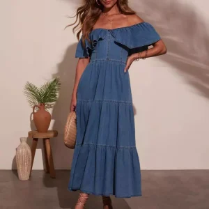Casual Off Shoulder Denim With Ruffle Skirt Casual Wear Long Dress