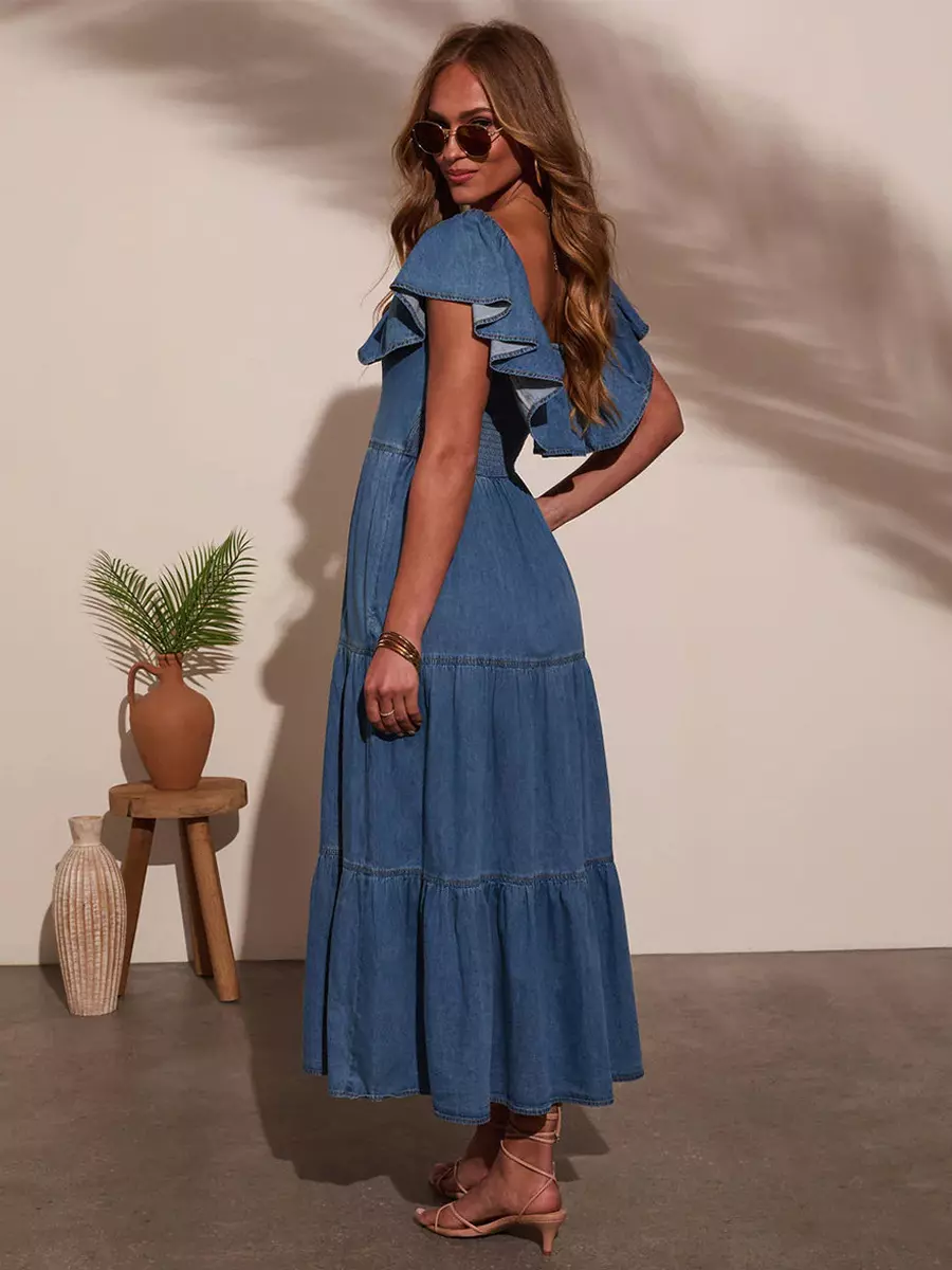 Casual Off Shoulder Denim With Ruffle Skirt Casual Wear Long Dress - Image 5
