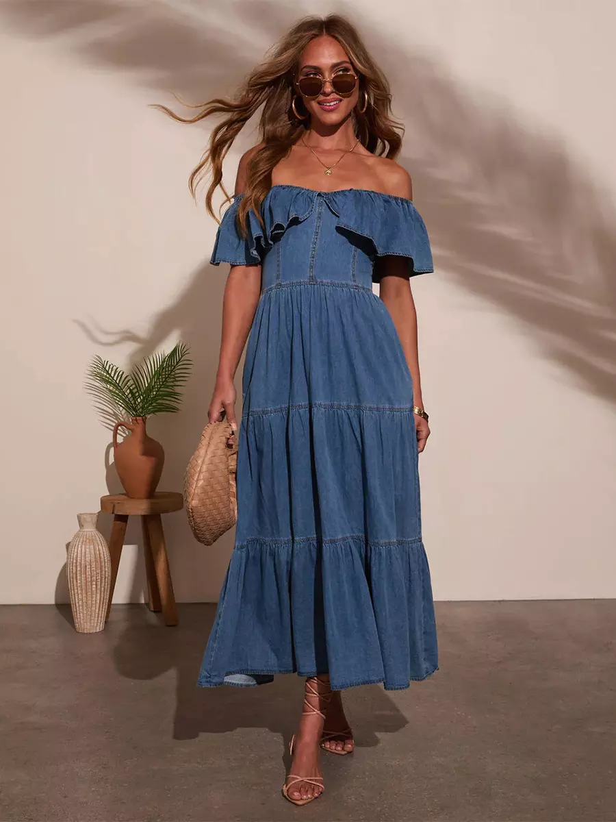 Casual Off Shoulder Denim With Ruffle Skirt Casual Wear Long Dress - Image 3