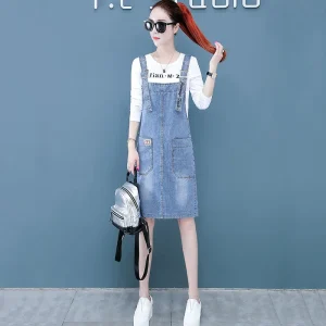 Casual Pockets Overall Sleeveless Strap Slash Neck Jean Dress