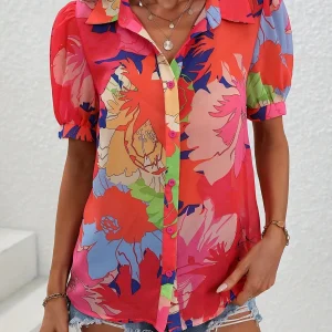 Casual Printed Bubble Sleeve Button Up Shirt Elegant Style Short Sleeved Printed Shirt Top