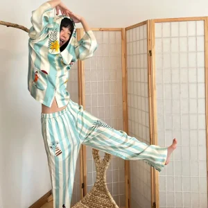 Casual Printed Cardigan Lapel Long Sleeve Two-piece Set