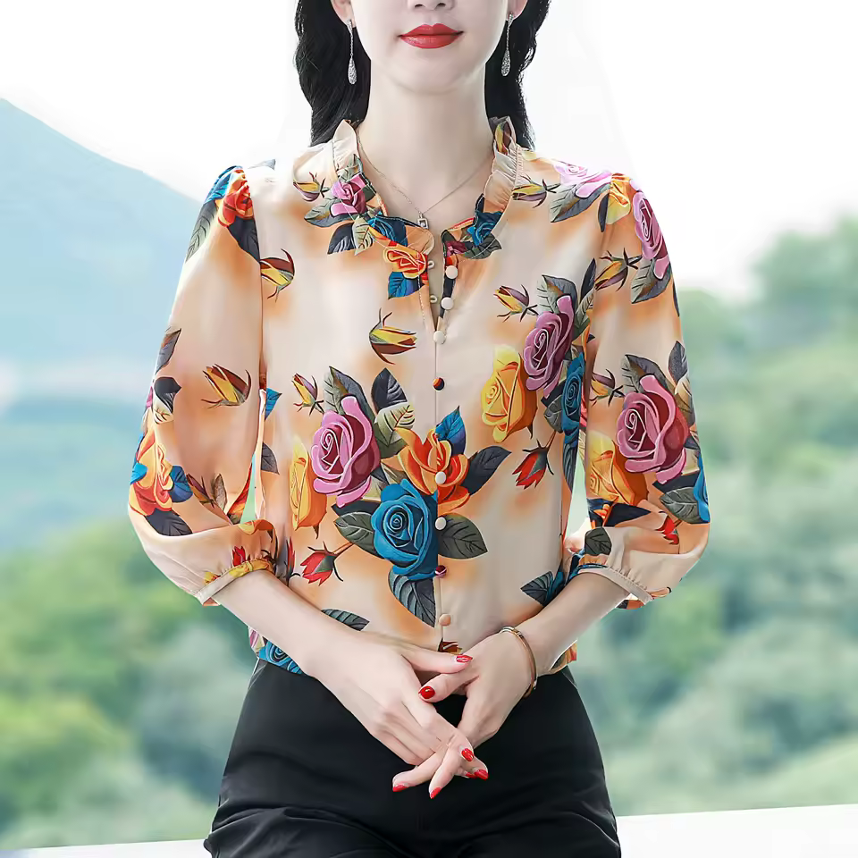 Casual Printed Ruffled Collar Half Sleeve Chiffon Pullovers Shirt