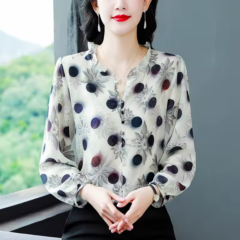 Vintage Printed Ruffled Collar Half Sleeve Chiffon Pullovers Shirt