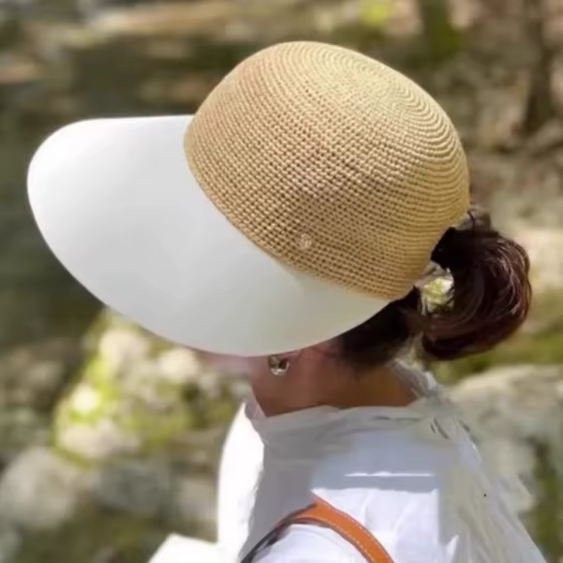 Casual Raffia Straw Patchwork Wide Brim UV Protection Equestrian Style Visor Ponytail Baseball Sun Hat