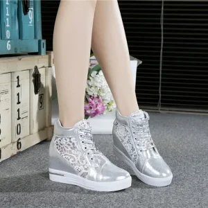 Casual Round Toe Leather High Heels Lace Up Wedge Platform Shoes