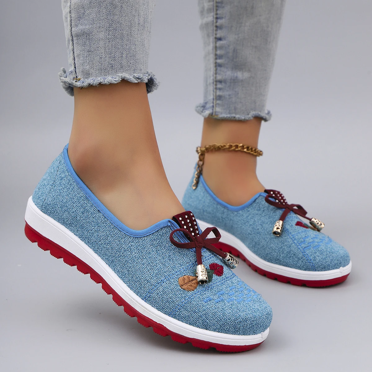 Casual Rubber Cotton Fabric Shallow Breathable Mesh Flat Shoes