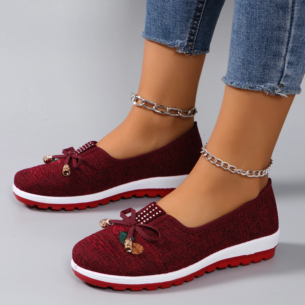 Casual Rubber Cotton Fabric Shallow Breathable Mesh Flat Shoes - Image 12