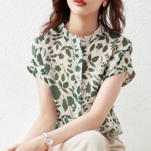Casual Short Sleeve Stand Collar Flower Printed Blusas Tops