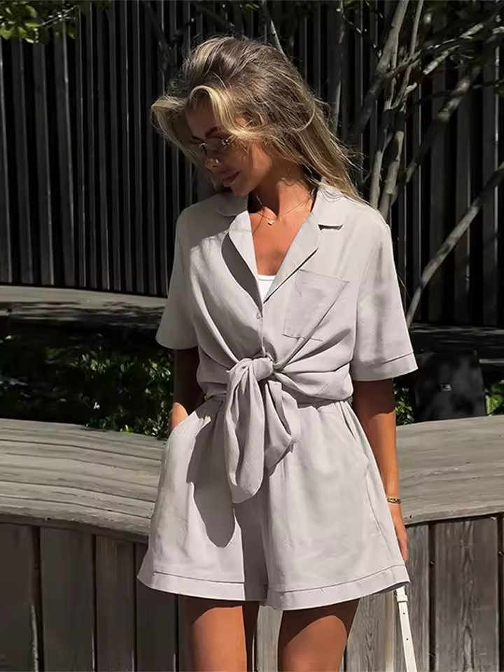 Casual Short Sleeve Turn-Down Collar Pocket Solid Lady Sets - Image 6