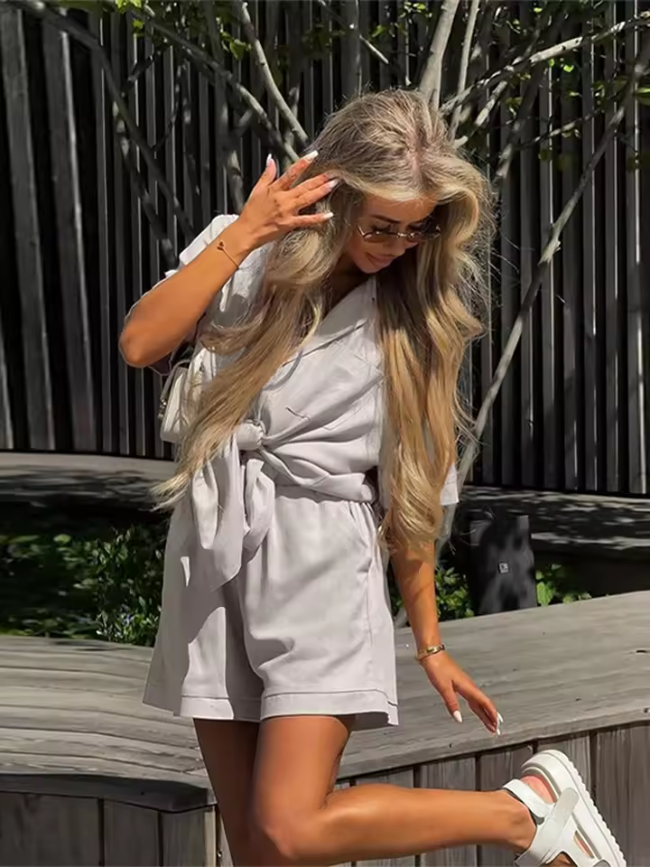 Casual Short Sleeve Turn-Down Collar Pocket Solid Lady Sets - Image 7