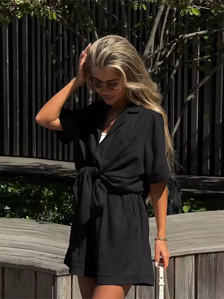 Casual Short Sleeve Turn-Down Collar Pocket Solid Lady Sets - Image 4