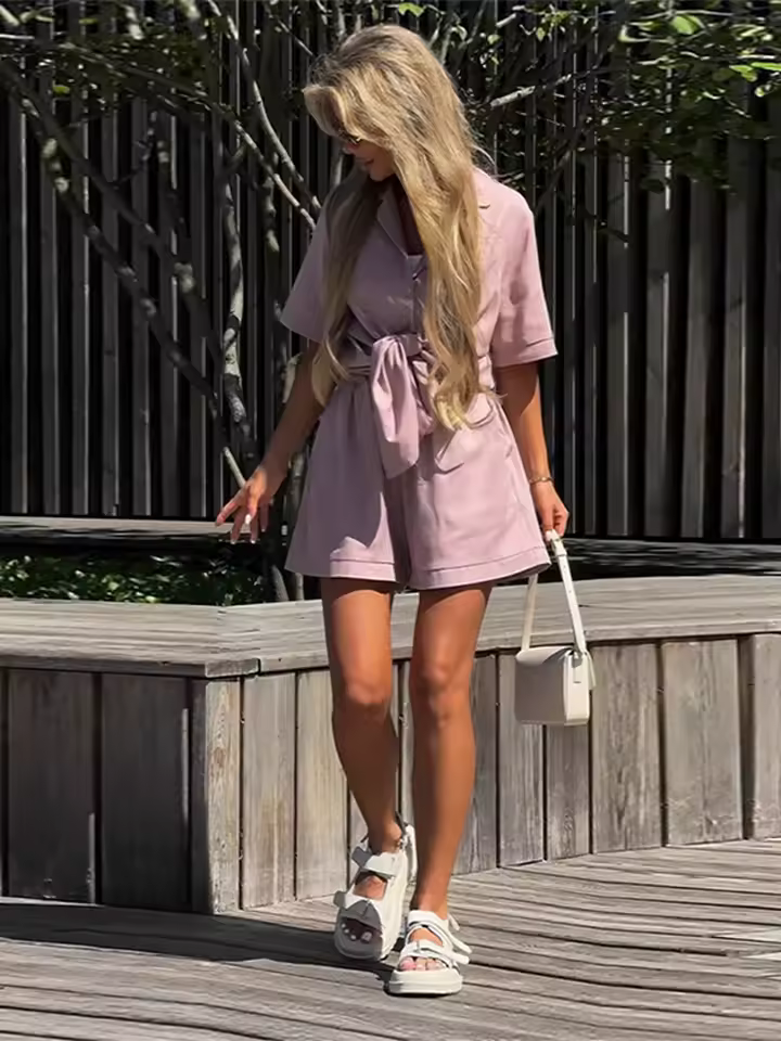 Casual Short Sleeve Turn-Down Collar Pocket Solid Lady Sets