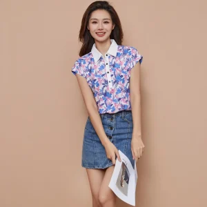Casual Short Sleeve Turn-down Collar Printed Loose Blouses Shirt Tops