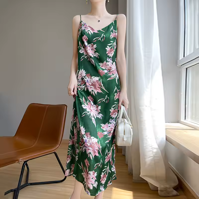 Casual Printed Silk Spaghetti Strap Suspender Loose Long Slip Dress