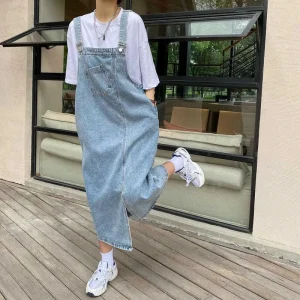 Casual Sleeveless Jeans Solid Slip Loose Spaghetti Strap Denim Overall Dresses