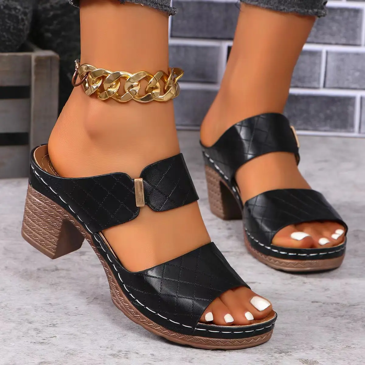 Casual Solid Color Square Root With Heels and Open Toes Anti-Slip Sandals - Image 11