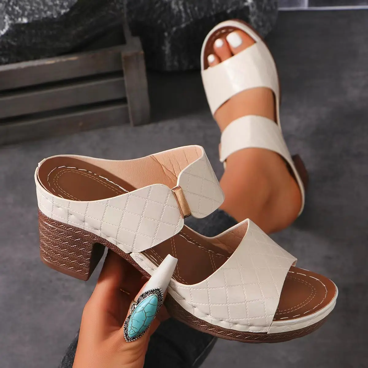 Casual Solid Color Square Root With Heels and Open Toes Anti-Slip Sandals - Image 10
