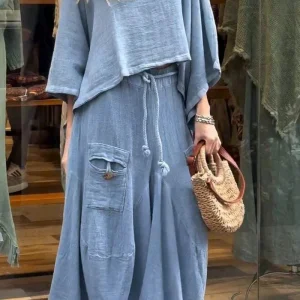 Casual Solid O Neck Loose Top Lace-up Irregular Skirt 2 Piece Sets