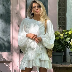 Casual Solid O Neck Ruffle Edge Chic Lantern Sleeve Pleated Holiday Dress