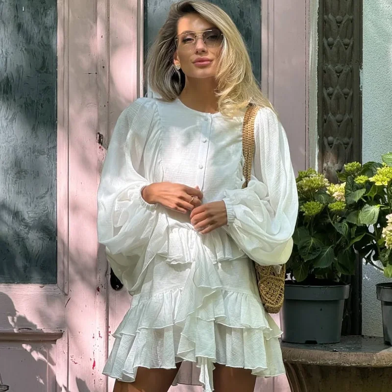 Casual Solid O Neck Ruffle Edge Chic Lantern Sleeve Pleated Holiday Dress