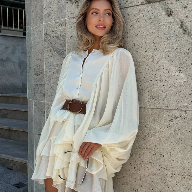 Casual Solid O Neck Ruffle Edge Chic Lantern Sleeve Pleated Holiday Dress - Image 5