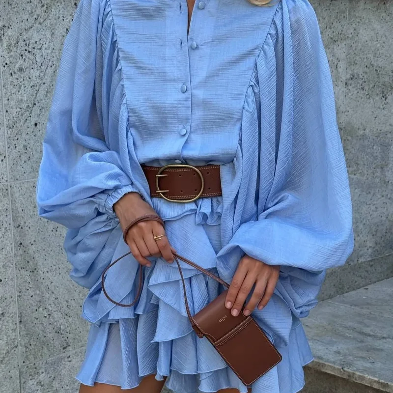 Casual Solid O Neck Ruffle Edge Chic Lantern Sleeve Pleated Holiday Dress - Image 8