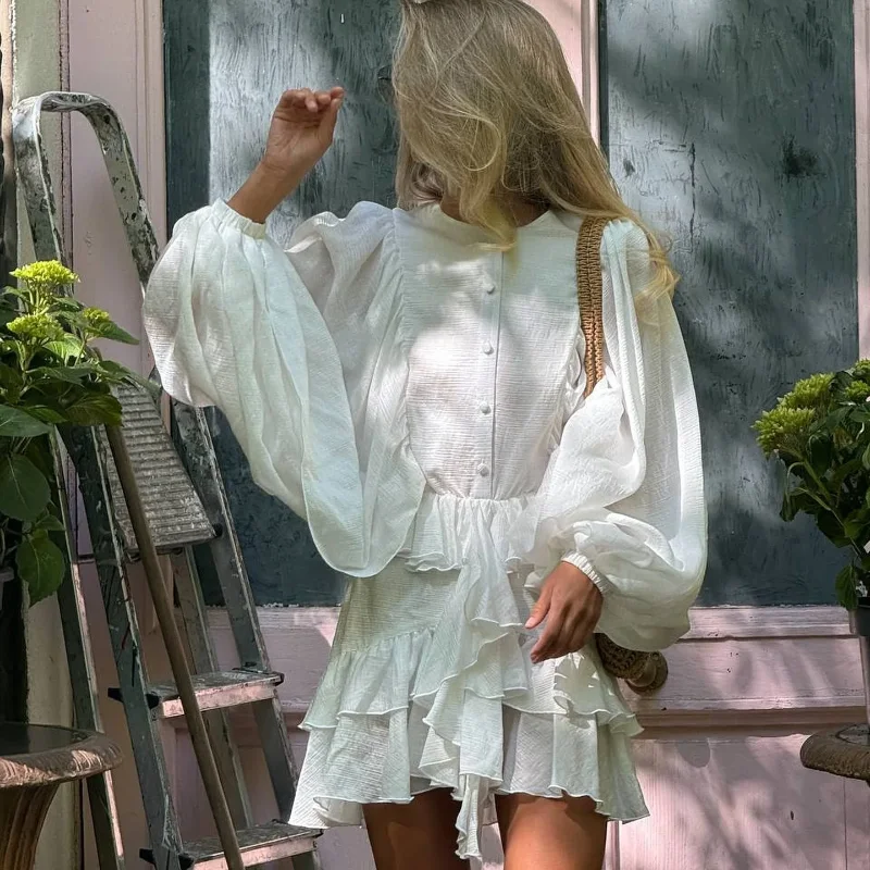 Casual Solid O Neck Ruffle Edge Chic Lantern Sleeve Pleated Holiday Dress - Image 3