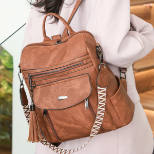 Casual Solid Vegan Leather Shoulder Bag Ladies Zipper Magnetic Flap Backpack