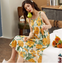 Elegant Spaghetti Strap V-Neck Floral Print Cotton Night Dress