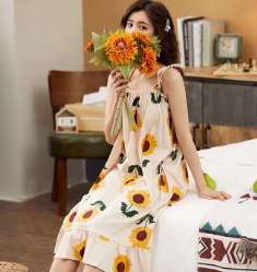 Elegant Spaghetti Strap V-Neck Floral Print Cotton Night Dress - Image 7