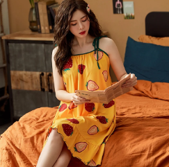 Elegant Spaghetti Strap V-Neck Floral Print Cotton Night Dress - Image 13