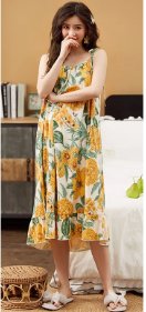 Elegant Spaghetti Strap V-Neck Floral Print Cotton Night Dress - Image 2