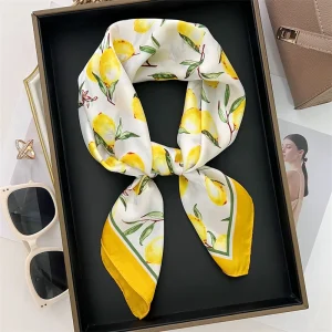 Casual Square Lemon Print Thin Breathable Neck Windproof Head Wrap Hair Scarves Silk Scarf
