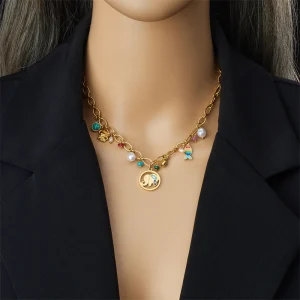 Casual Stainless Steel Turquoise Pearl Small Fish Elephant Pendant Trend Neck Necklace