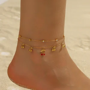 Casual Stainless Steel Waterproof Foot Chains Glamorous Zircon Cherry Double-layer Anklets