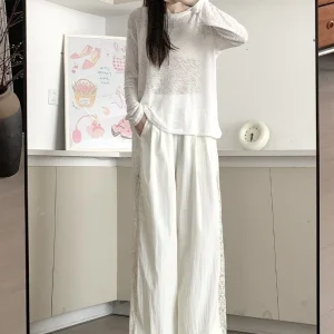 Casual Straight-leg Design Sun Protection Cool Ice Silk Lace Wide-leg Pants