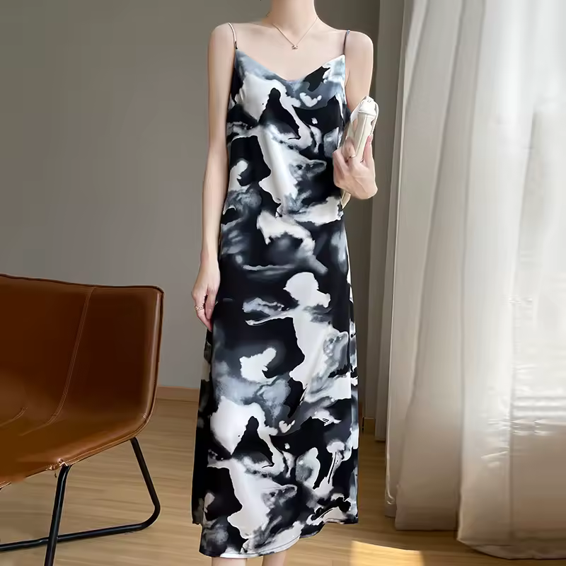Casual Strapless Printed Silk Suspender Loose Slip Dress