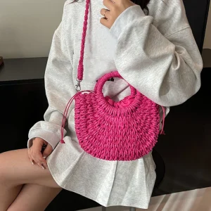 Casual Straw Rattan Half-Moon Beach Handbag Large Capacity Hollow Out Crossbody Shoulder Bag